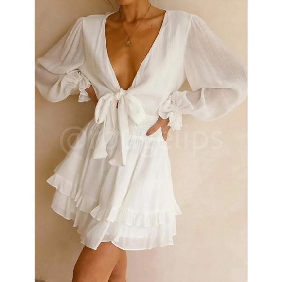 White Boho Mini Dress Frill, Ruffle Hem Shirred Waist Fit & Flare Deep V Neck - Picture 3 of 6